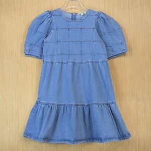 Rockin C Denim Dress Womens XL Patchwork‎ Tiered Midi Puffed Sleeve Blue Western